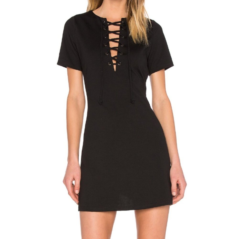Black Short Sleeve Tie Front Lace Up Lucca Mini Dress